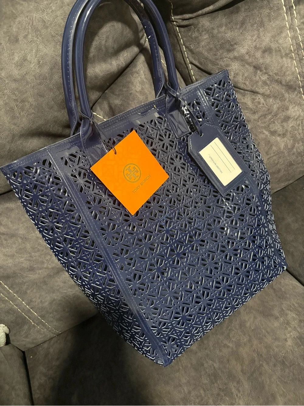 Tory Burch Navy Laser-Cut Leather Tote with Tag
